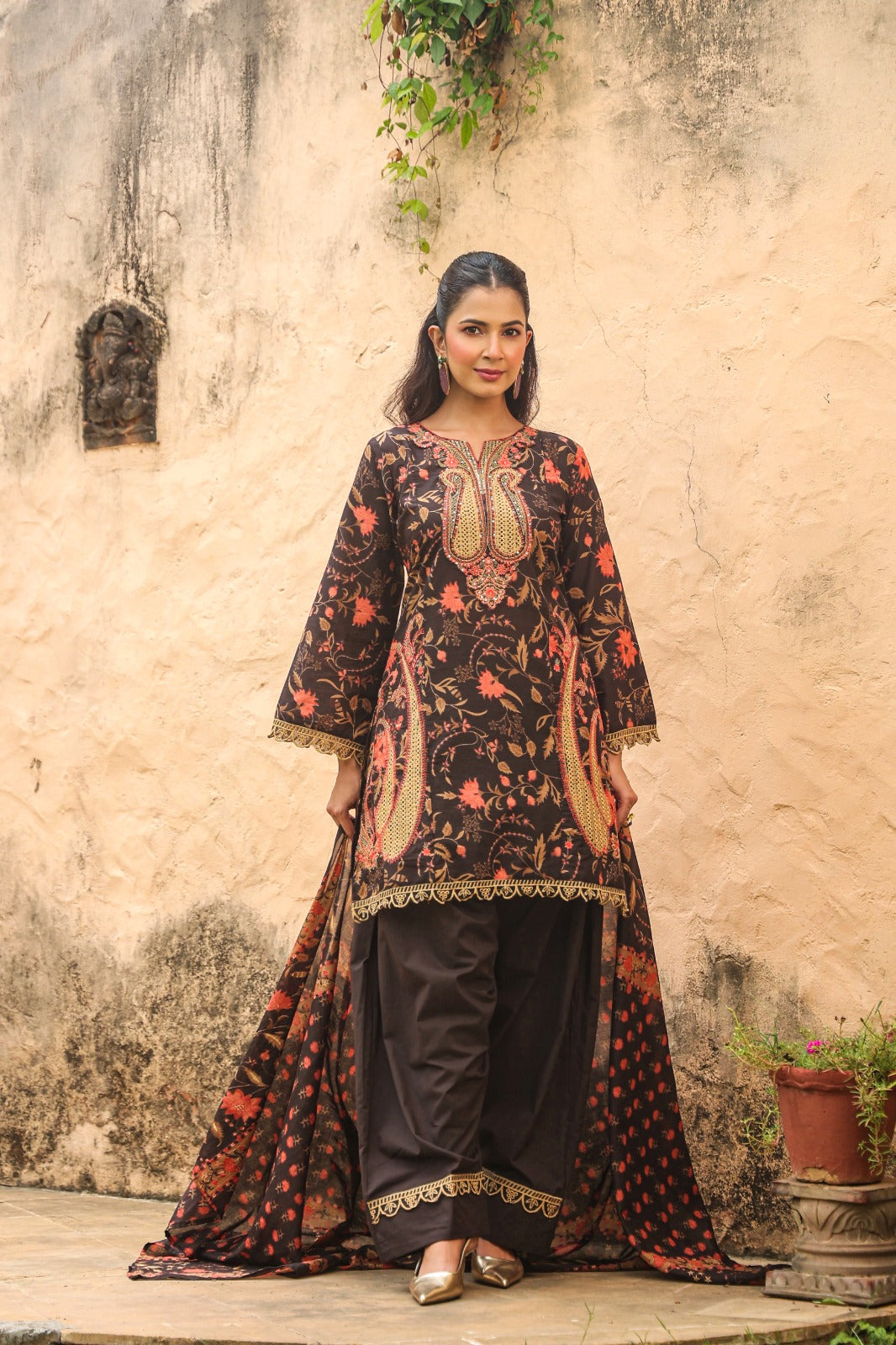 Charcoal Brown Cotton Kurta with Farshi Salwar & Dupatta | 3-Piece Jaipur Set