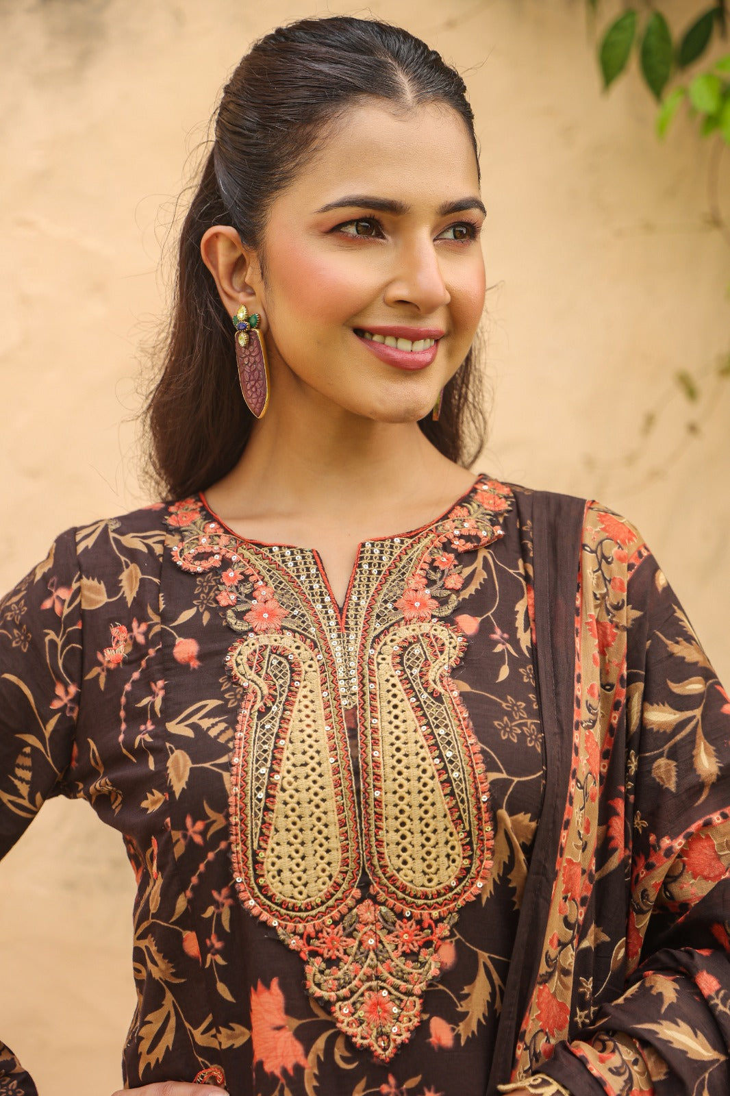 Charcoal Brown Cotton Kurta with Farshi Salwar & Dupatta | 3-Piece Jaipur Set