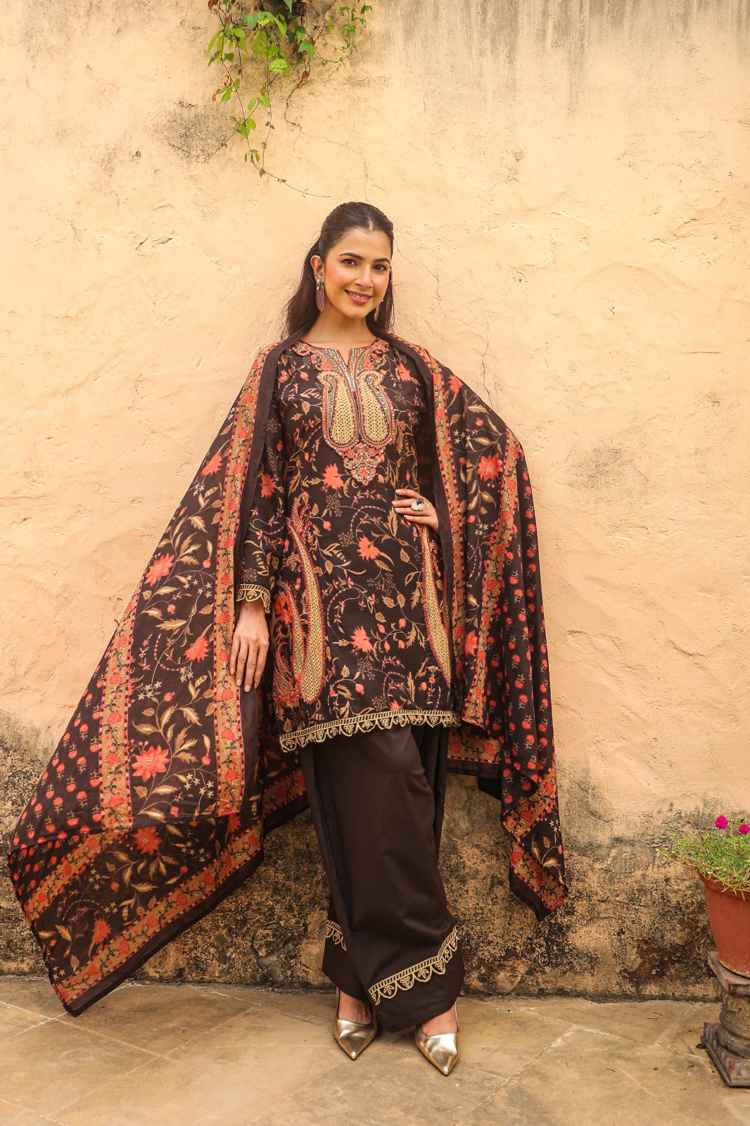 Charcoal Brown Cotton Kurta with Farshi Salwar & Dupatta | 3-Piece Jaipur Set
