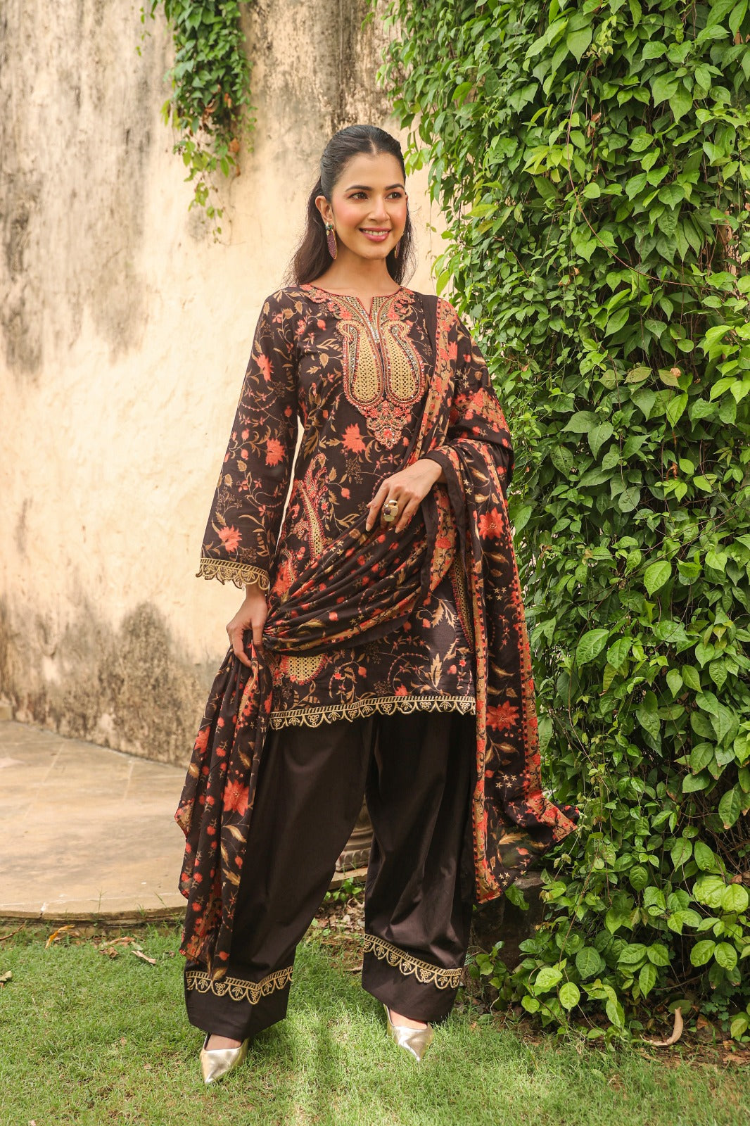 Charcoal Brown Cotton Kurta with Farshi Salwar & Dupatta | 3-Piece Jaipur Set