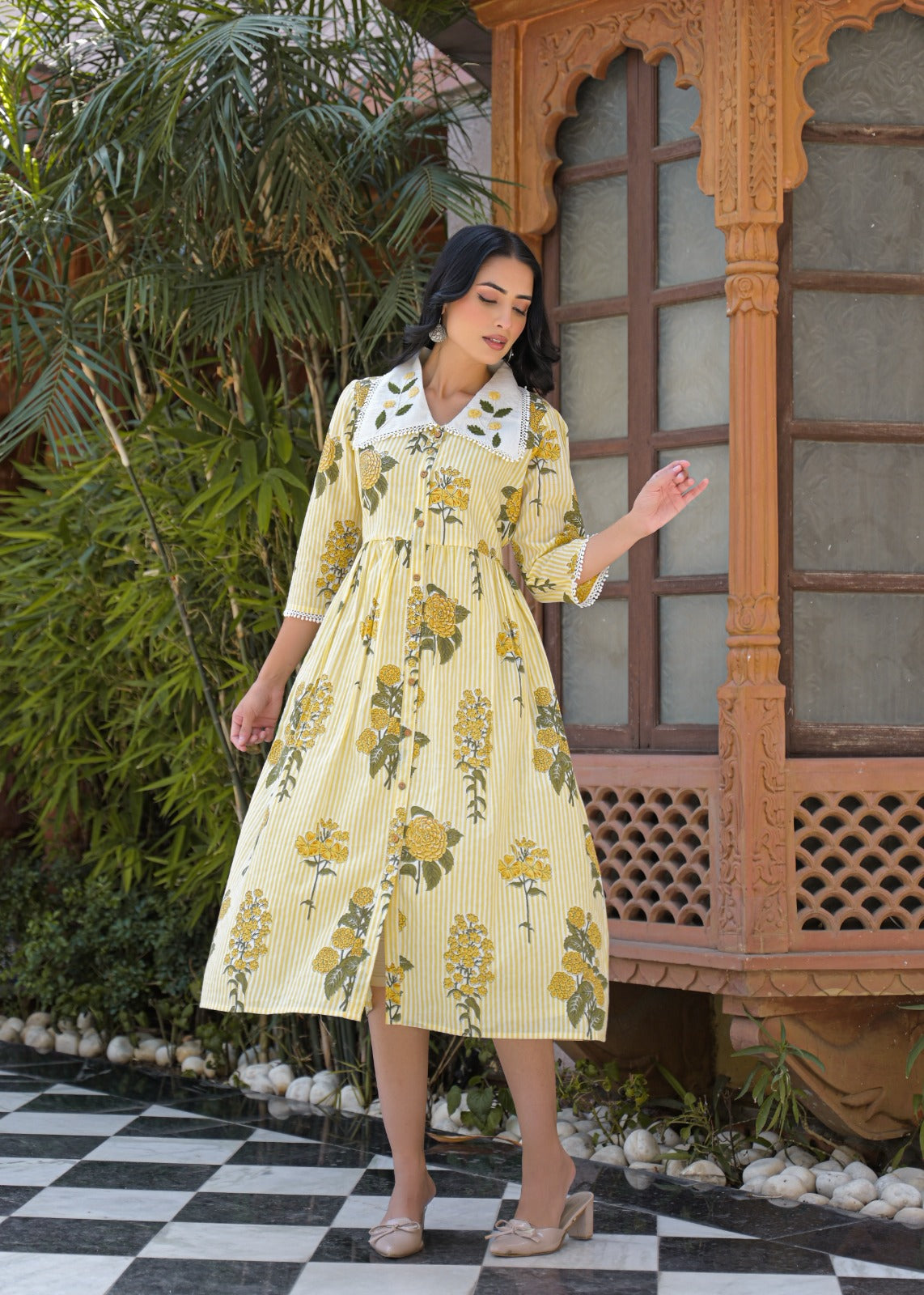Floral Stripe Cotton Dress | Jaipur Collection