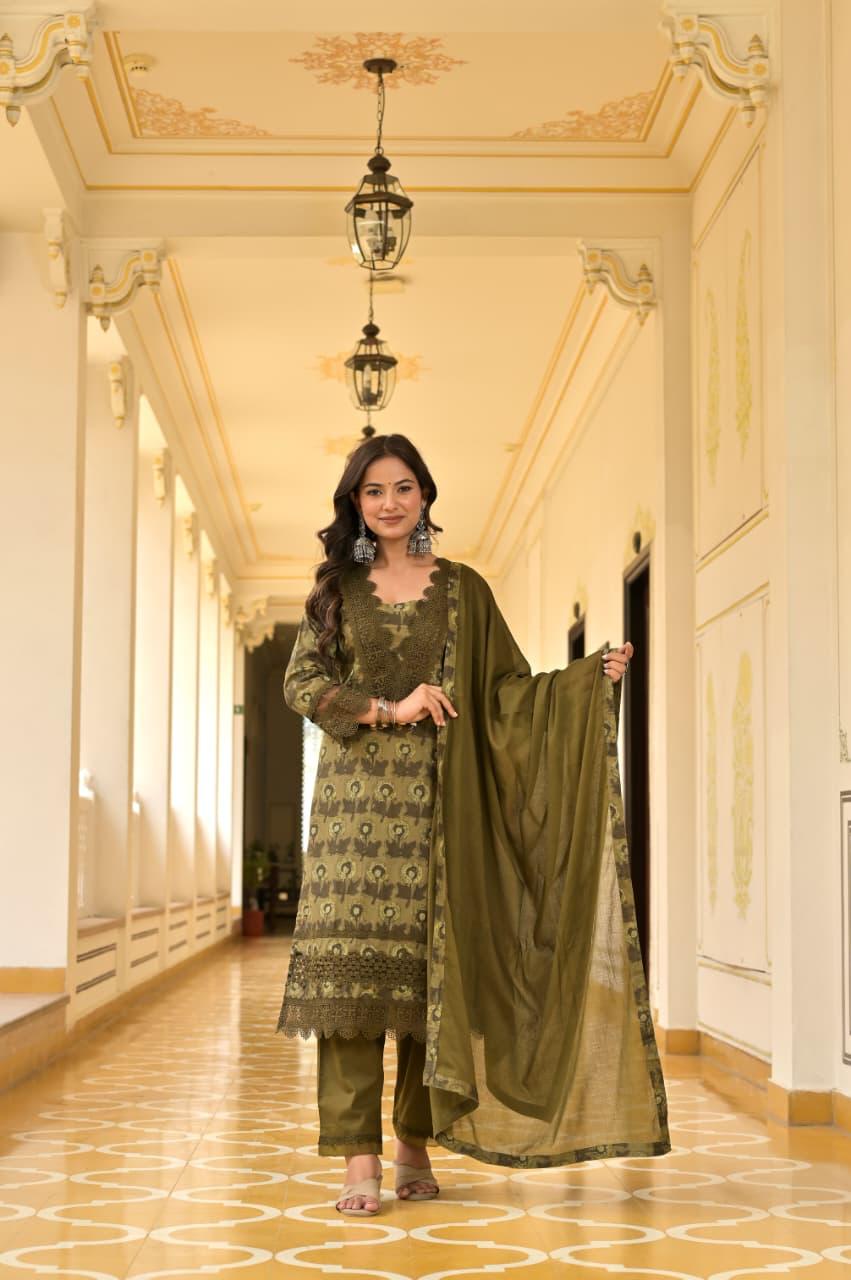 Mehndi Green Cotton Dupatta Suit Set with Lace Detailing | 3-Piece Set