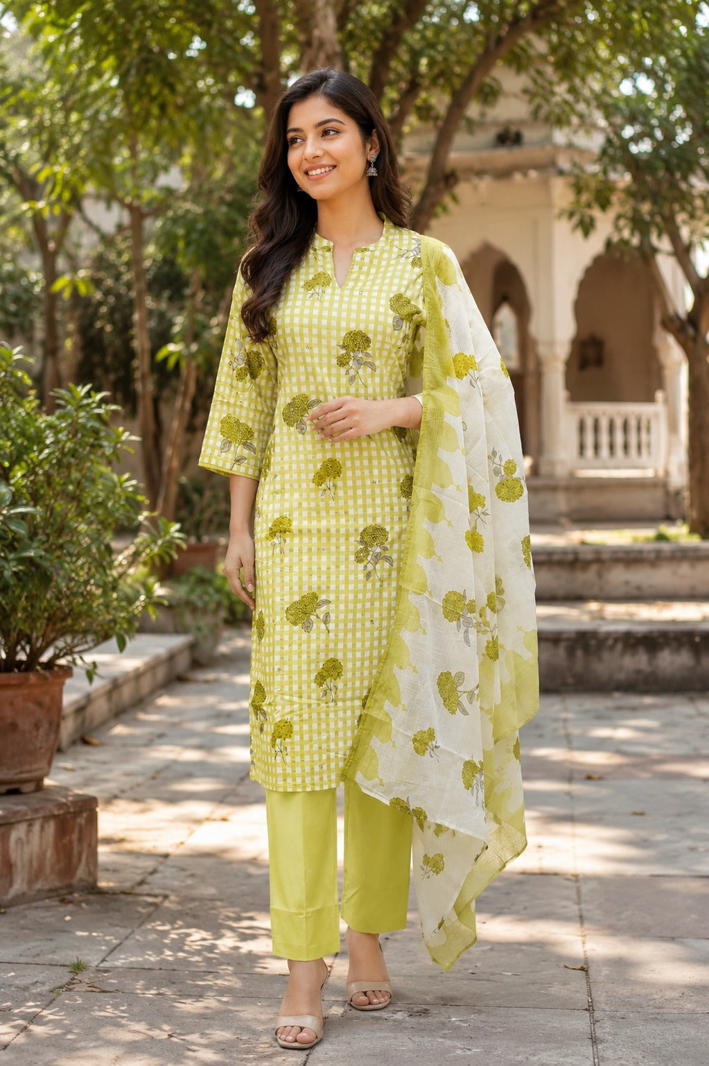 Jaipur Cotton Checks Dupatta Suit with Floral Print – 2 Colours