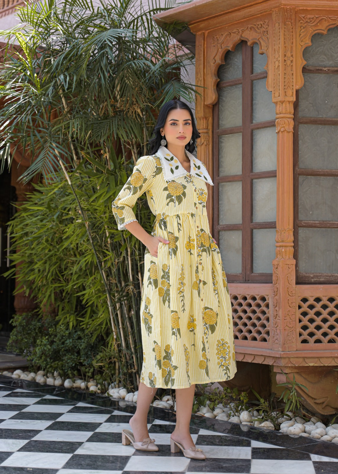 Floral Stripe Cotton Dress | Jaipur Collection