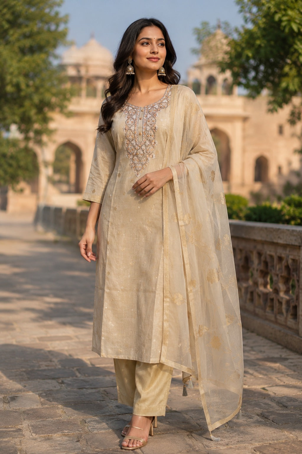 Ivory Katha Work 3-Piece Dupatta Suit Set