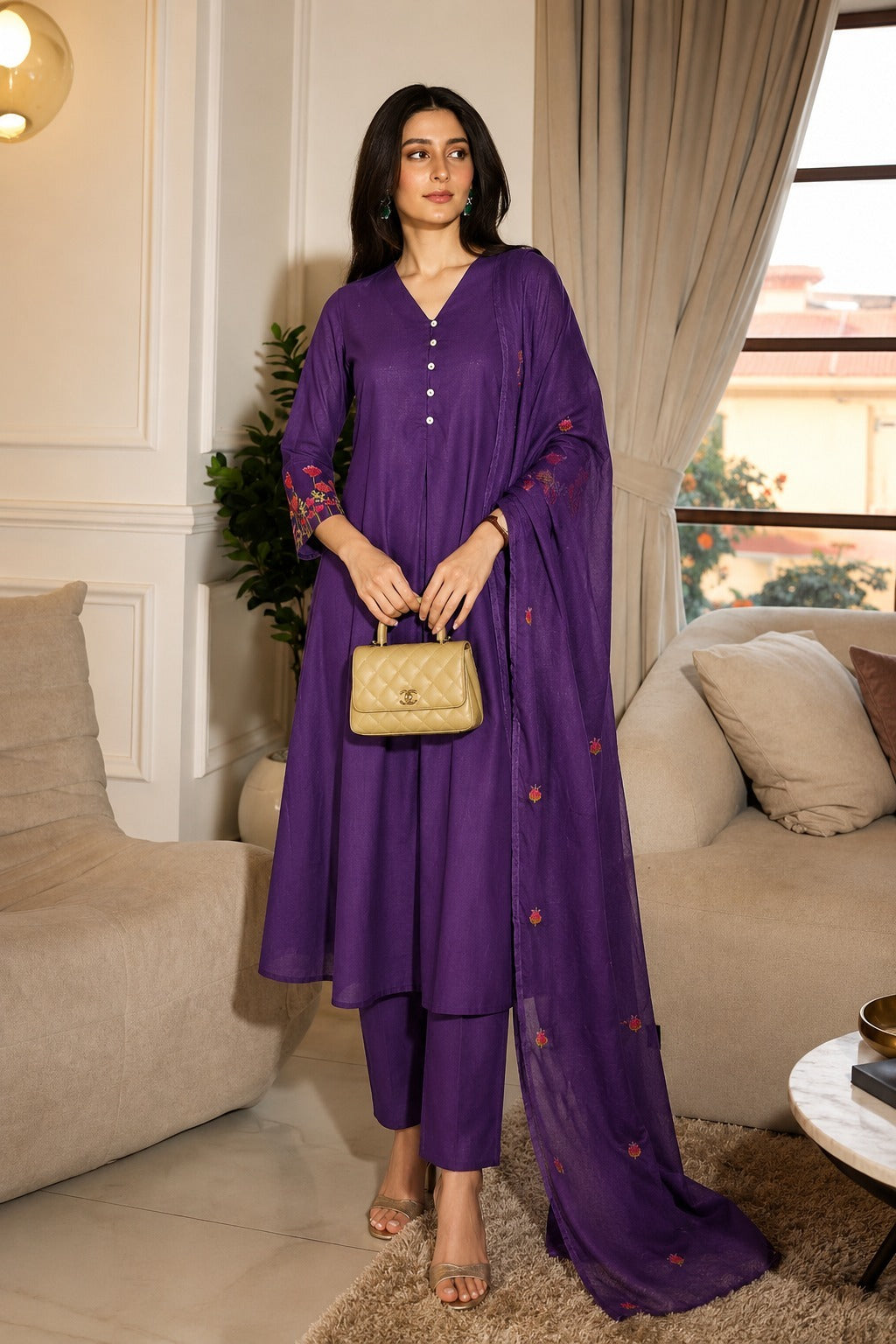 Purple Cotton A-Line Kurta Pant Dupatta Suit Set with Cross-Stitch Work