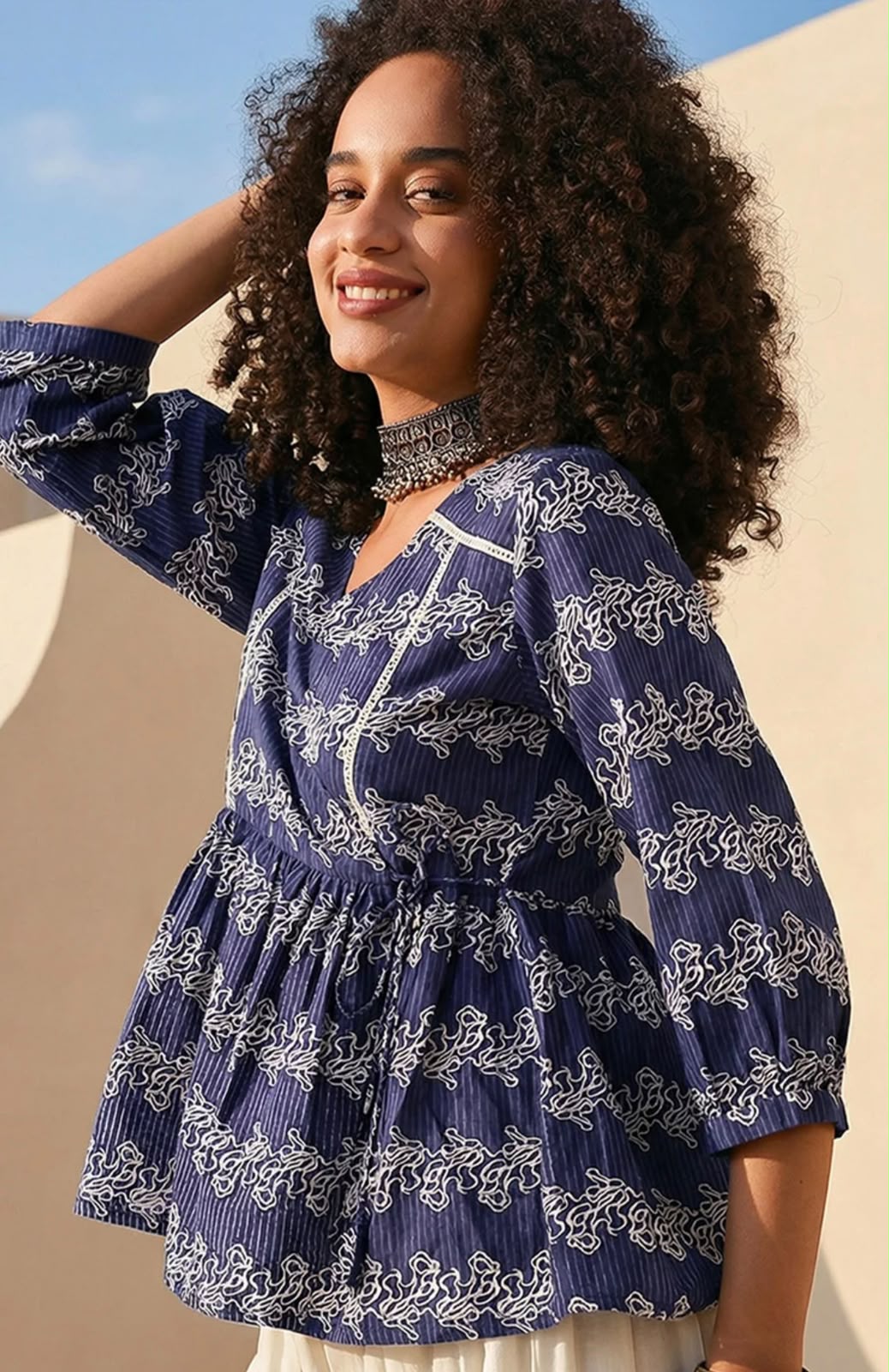 Navy Blue Cotton Angrakha Style Short Kurti