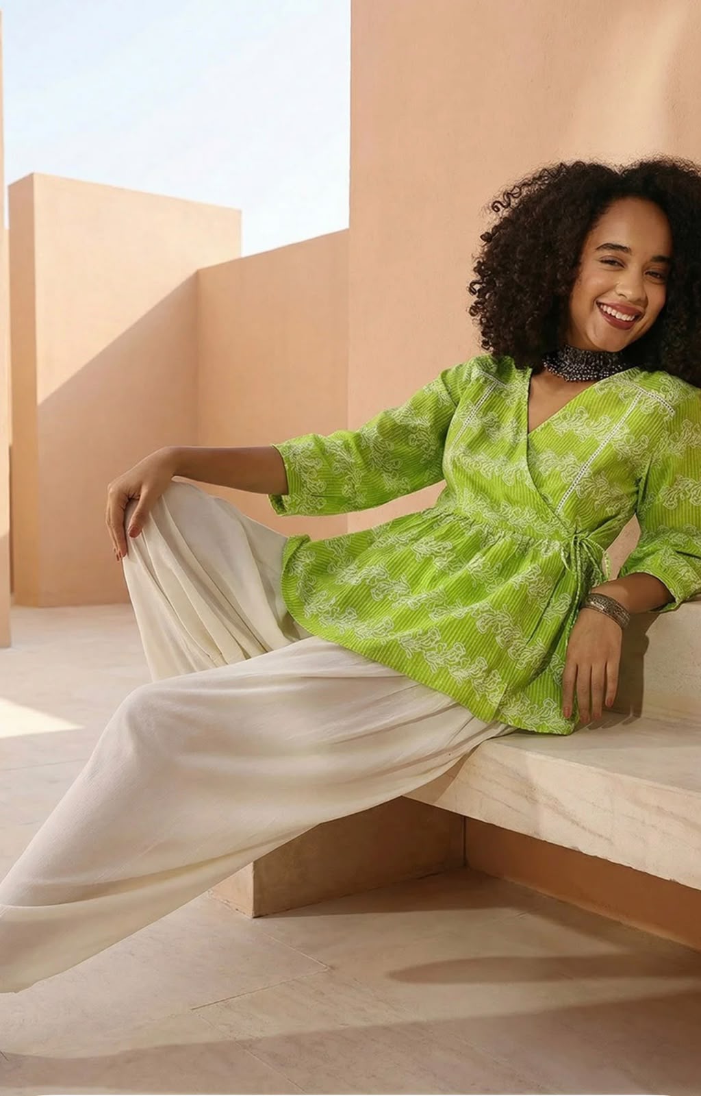 Lime Green Cotton Angrakha Style Short Kurti