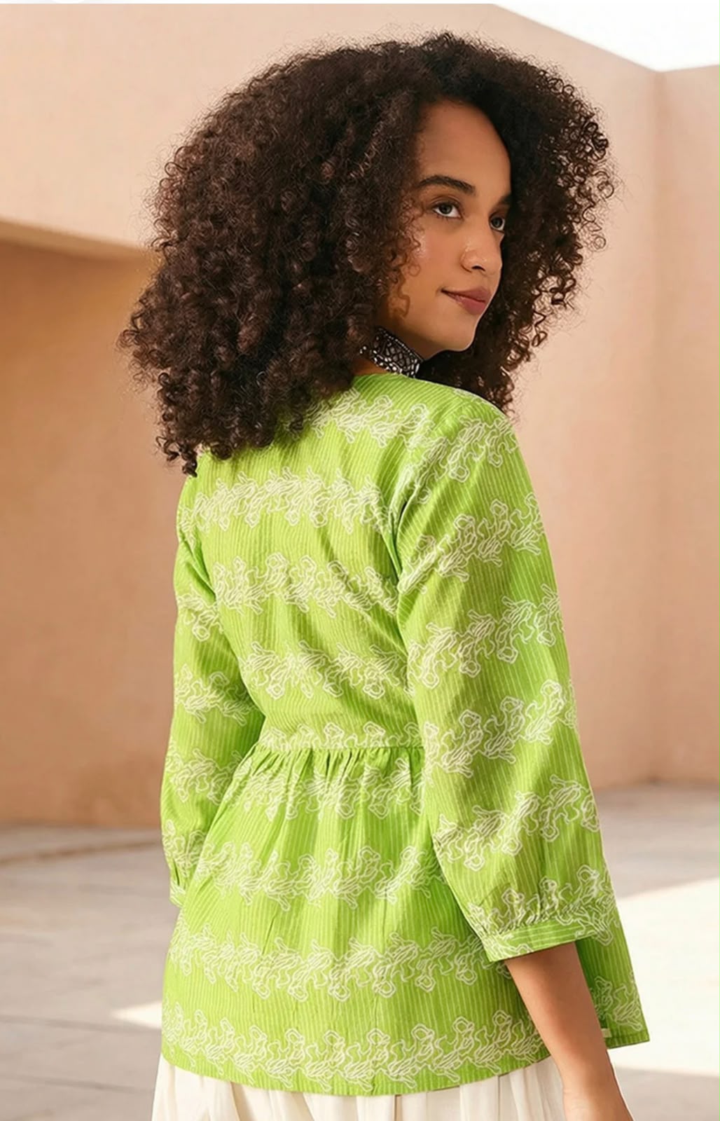 Lime Green Cotton Angrakha Style Short Kurti