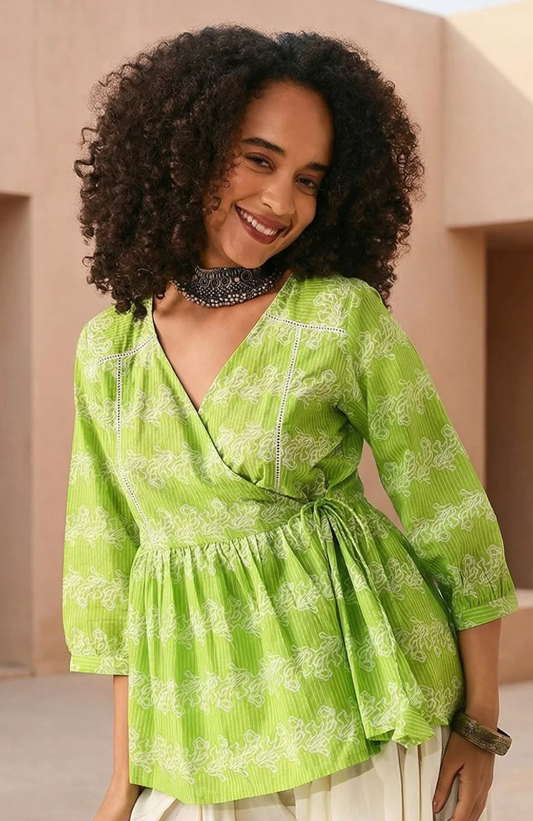 Lime Green Cotton Angrakha Style Short Kurti