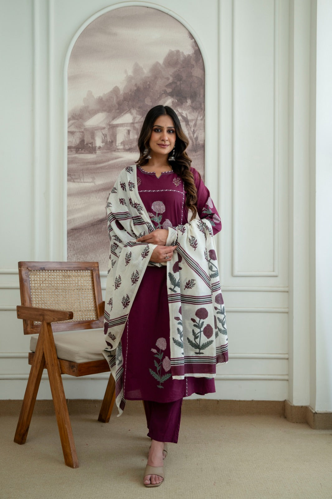 Wine Cotton 3-Piece Block Print Suit Set with Printed Dupatta