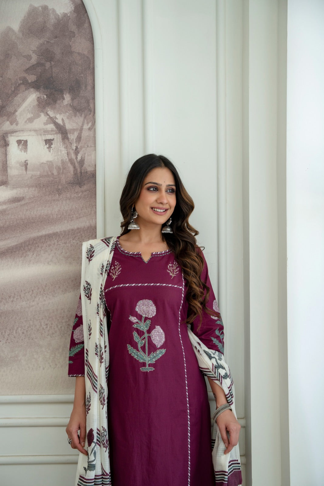 Wine Cotton 3-Piece Block Print Suit Set with Printed Dupatta