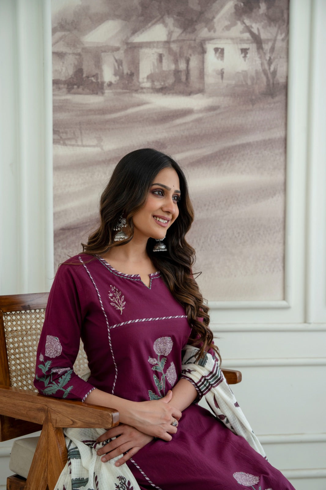 Wine Cotton 3-Piece Block Print Suit Set with Printed Dupatta