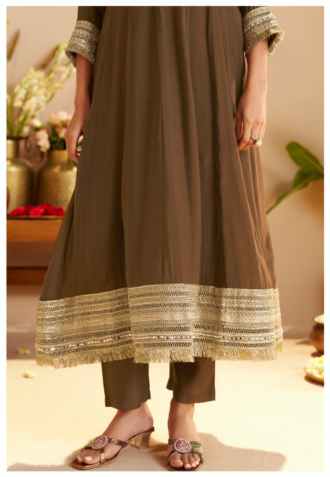 Mocha Elegance Embroidered Kurta Set with Organza Dupatta