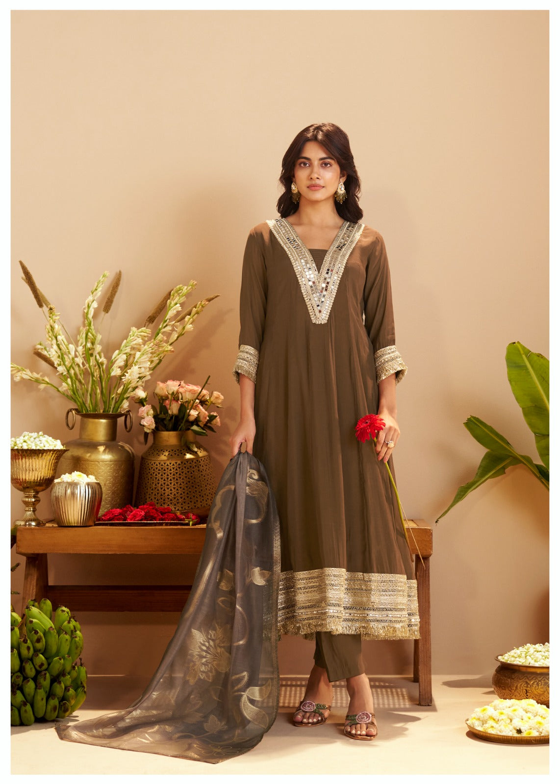 Mocha Elegance Embroidered Kurta Set with Organza Dupatta
