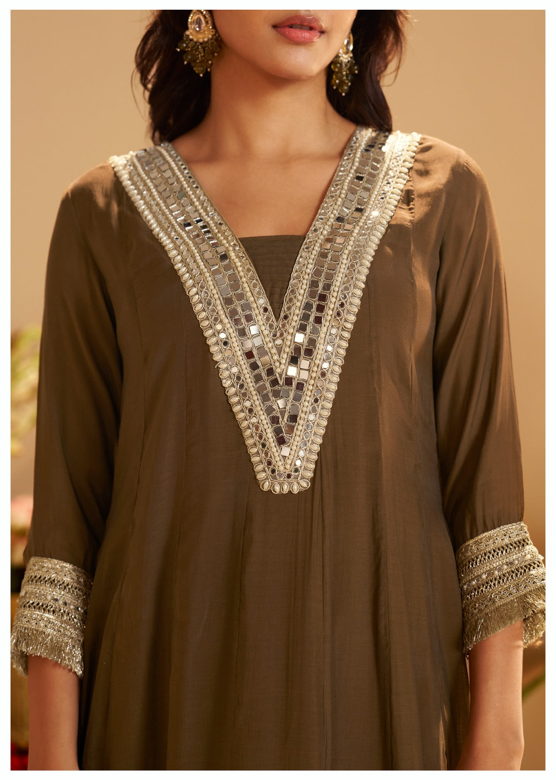 Mocha Elegance Embroidered Kurta Set with Organza Dupatta