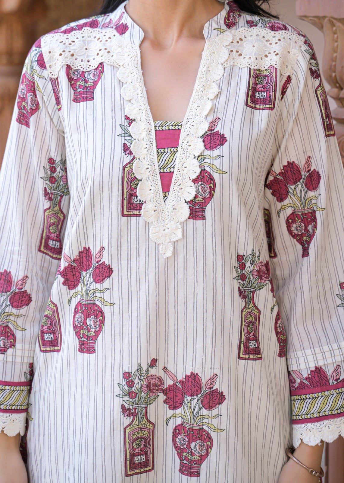 Off-White Cotton Block Print Kurta with Farshi Pant Set