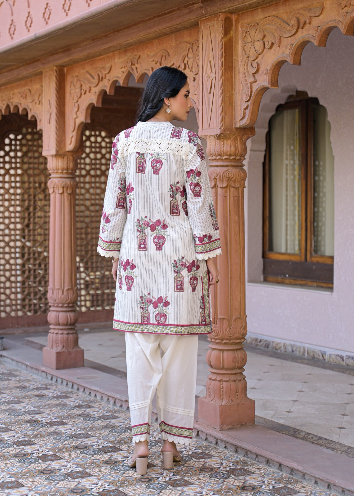 Off-White Cotton Block Print Kurta with Farshi Pant Set