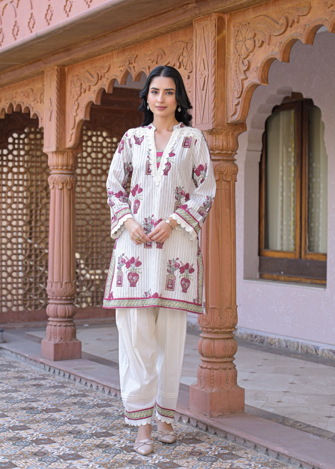 Off-White Cotton Block Print Kurta with Farshi Pant Set