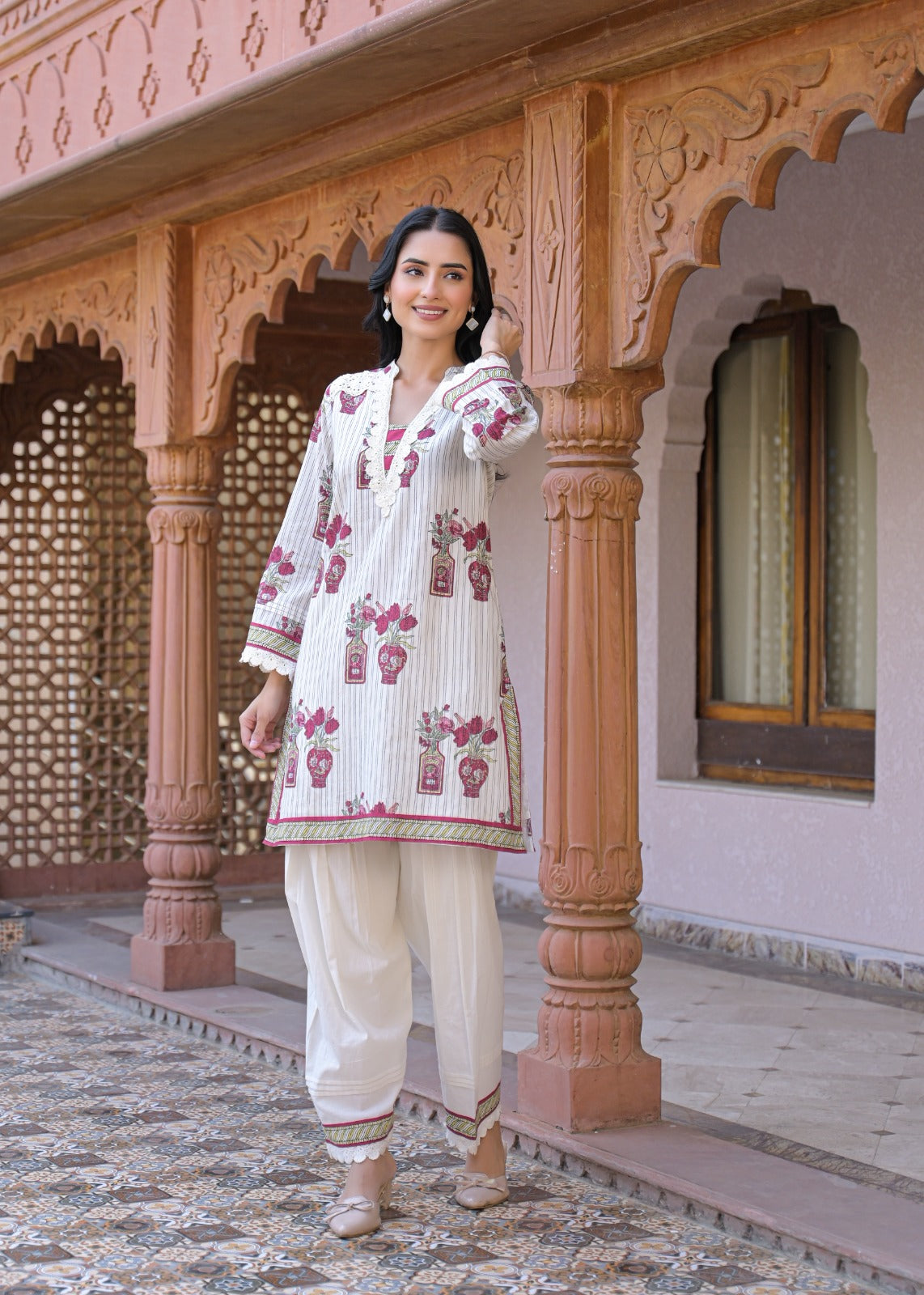 Off-White Cotton Block Print Kurta with Farshi Pant Set