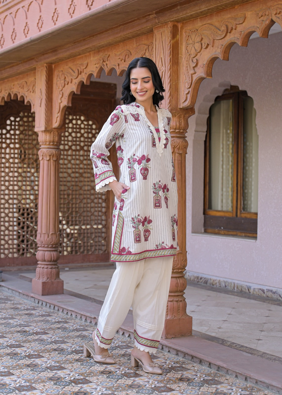 Off-White Cotton Block Print Kurta with Farshi Pant Set
