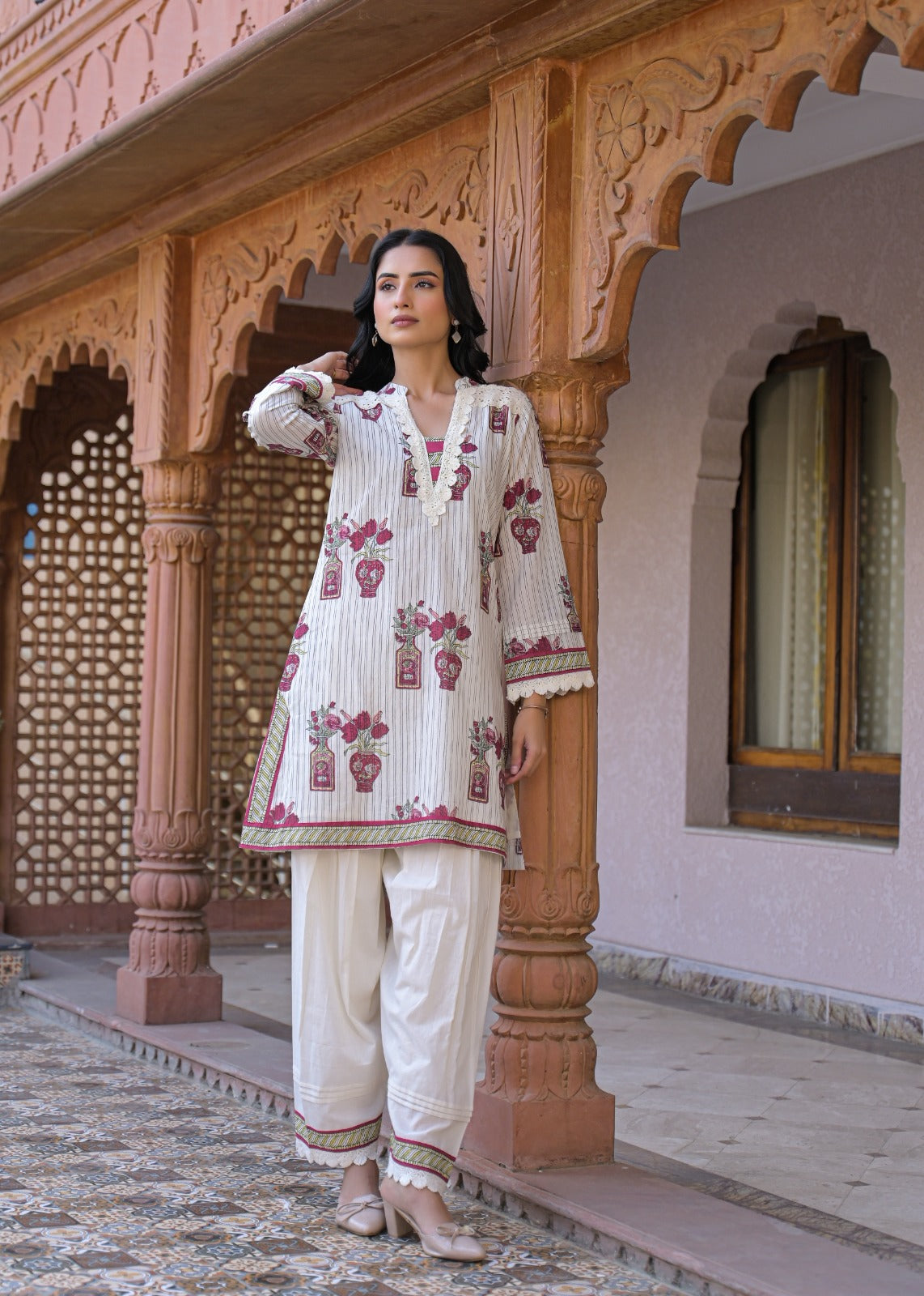 Off-White Cotton Block Print Kurta with Farshi Pant Set