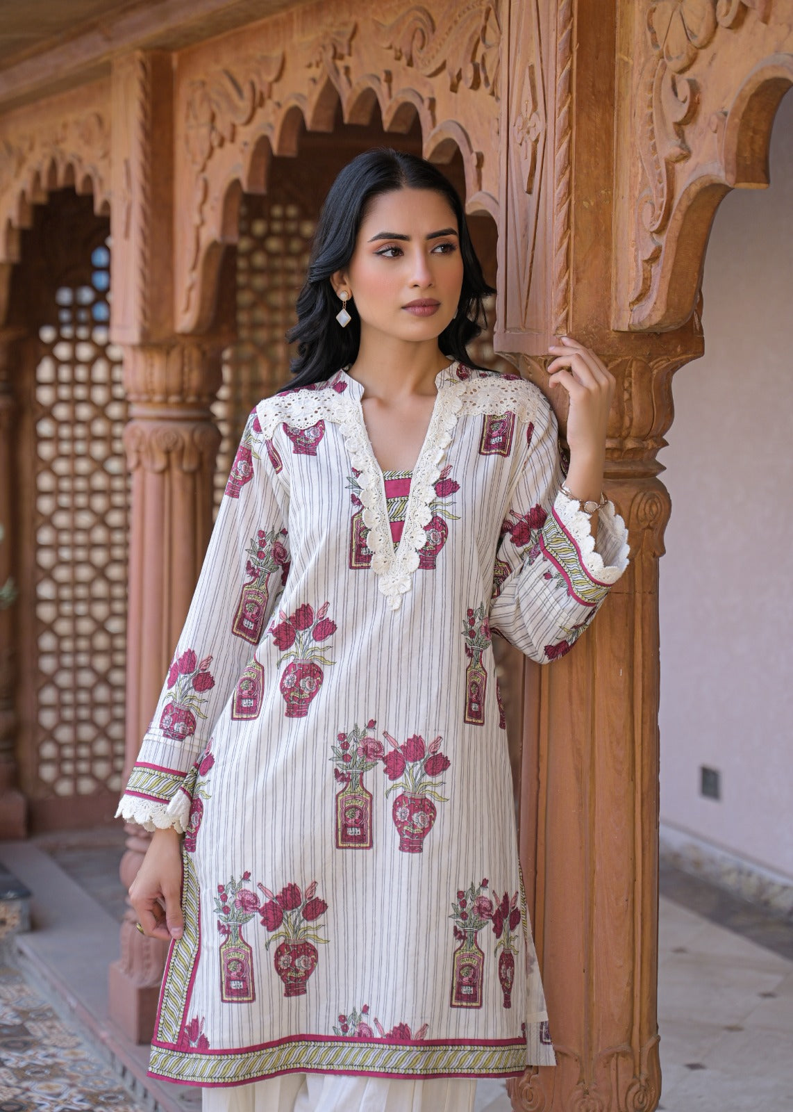 Off-White Cotton Block Print Kurta with Farshi Pant Set