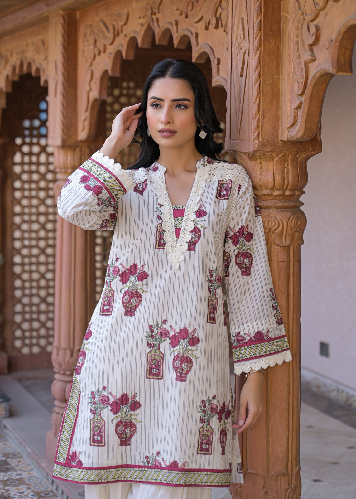 Off-White Cotton Block Print Kurta with Farshi Pant Set