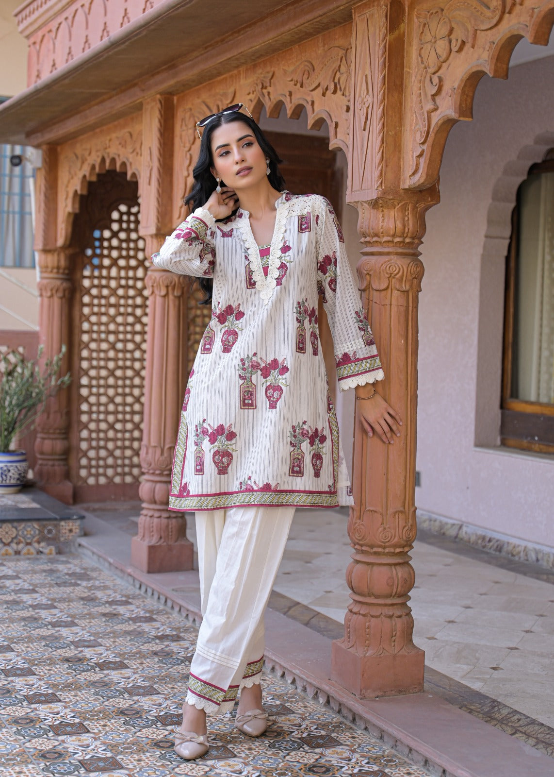Off-White Cotton Block Print Kurta with Farshi Pant Set
