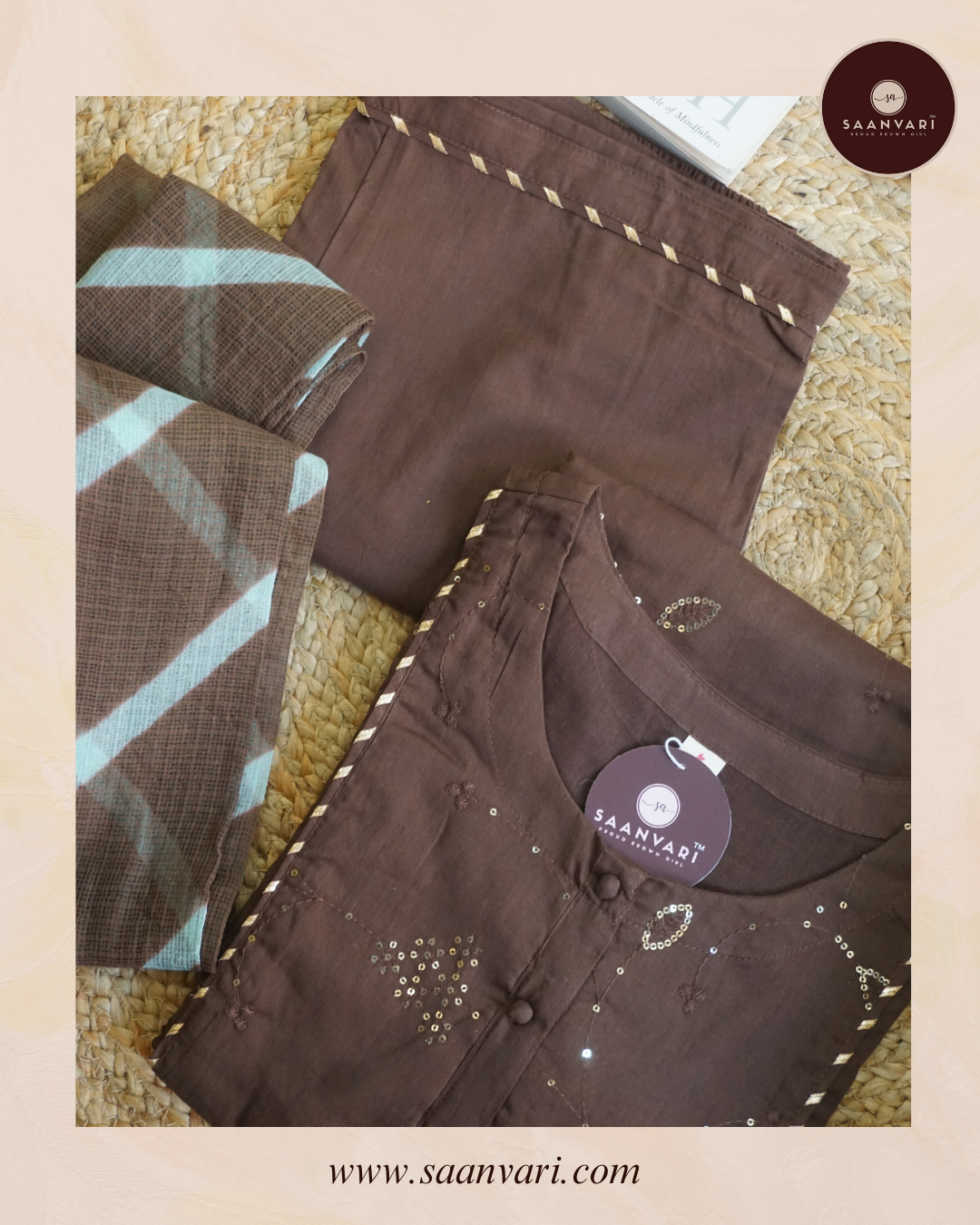 Coffee Brown Kota Doria Dupatta Suit Set (Set of 3)