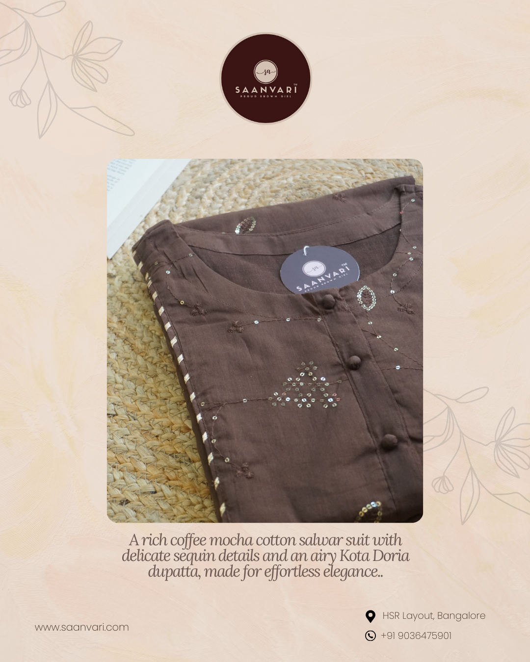 Coffee Brown Kota Doria Dupatta Suit Set (Set of 3)