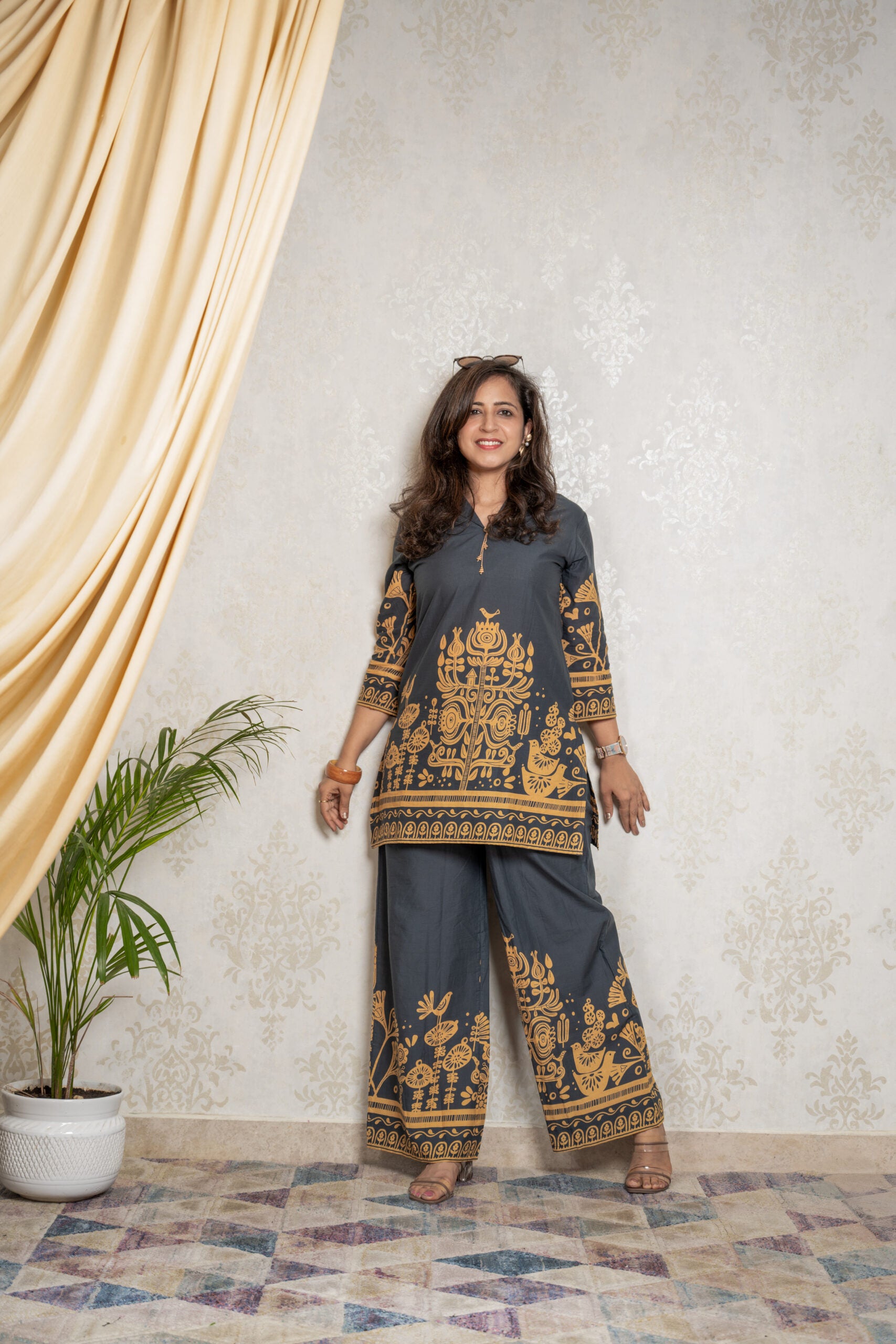 Golden Dusk – Charcoal Coord Set with Mustard Tribal Print