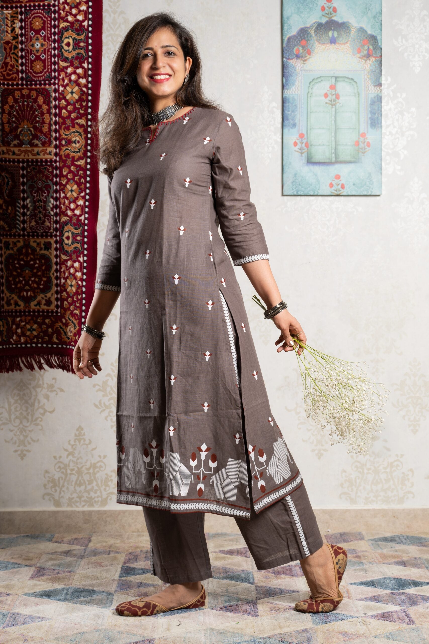 Earthy Hue – Taupe Cotton Coord Set with Elephant Border